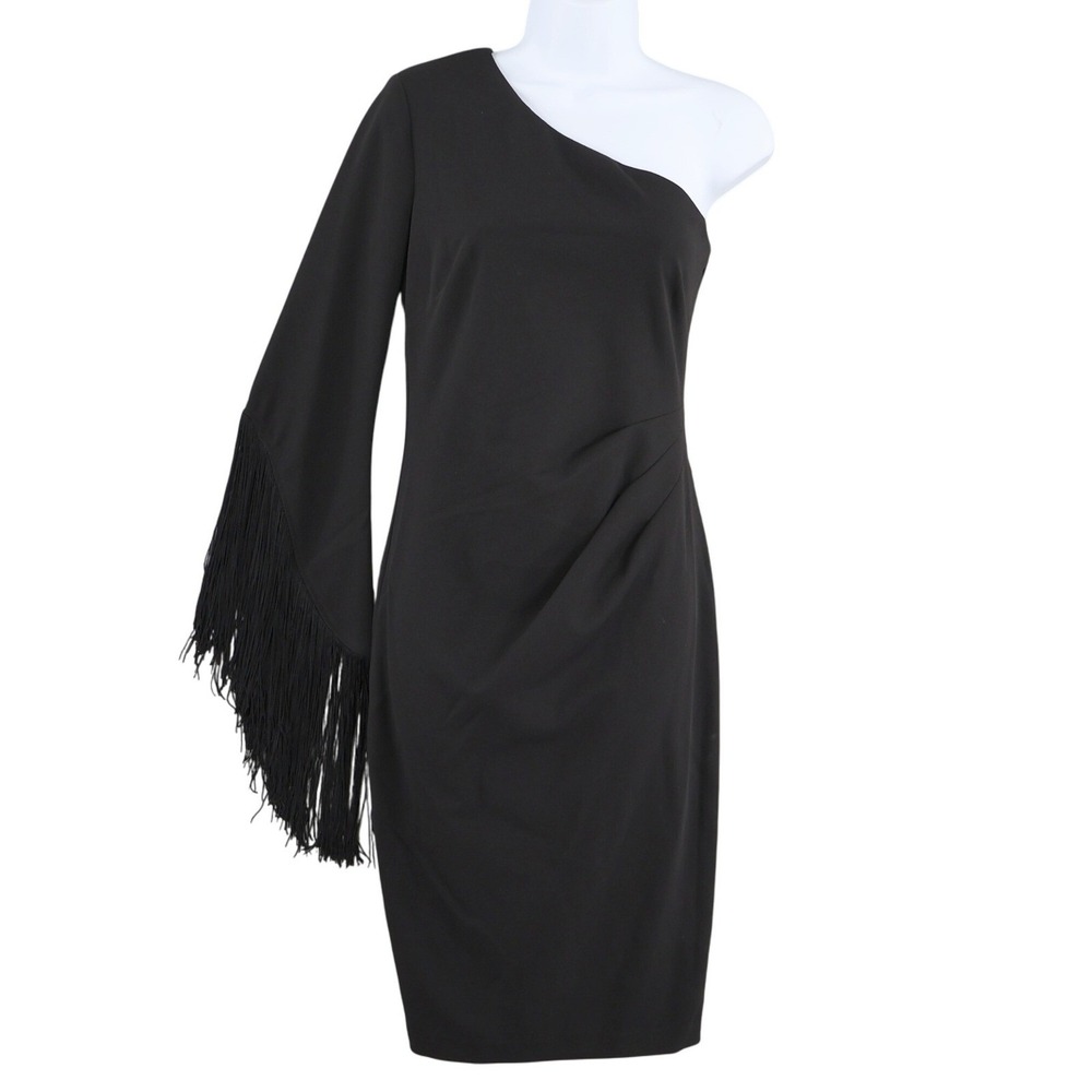 AQUA One Shoulder Fringed Sleeve Sheath Dress Womens 6 Black Formal Holiday‎ NWT